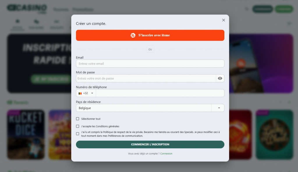 Be Casino formulaire d'inscription